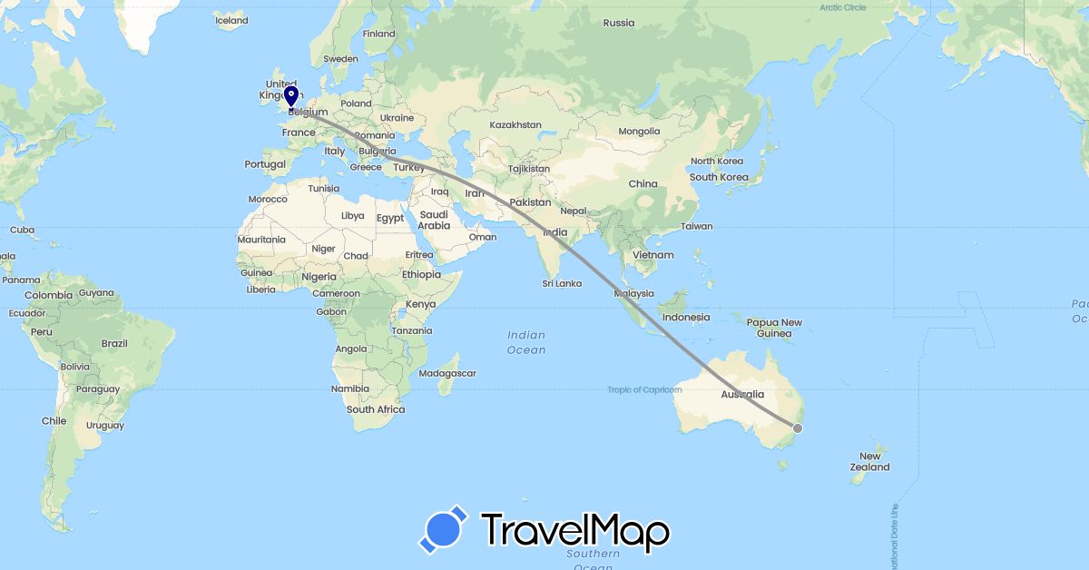 TravelMap itinerary: driving, plane in Australia, United Kingdom, Turkey (Asia, Europe, Oceania)